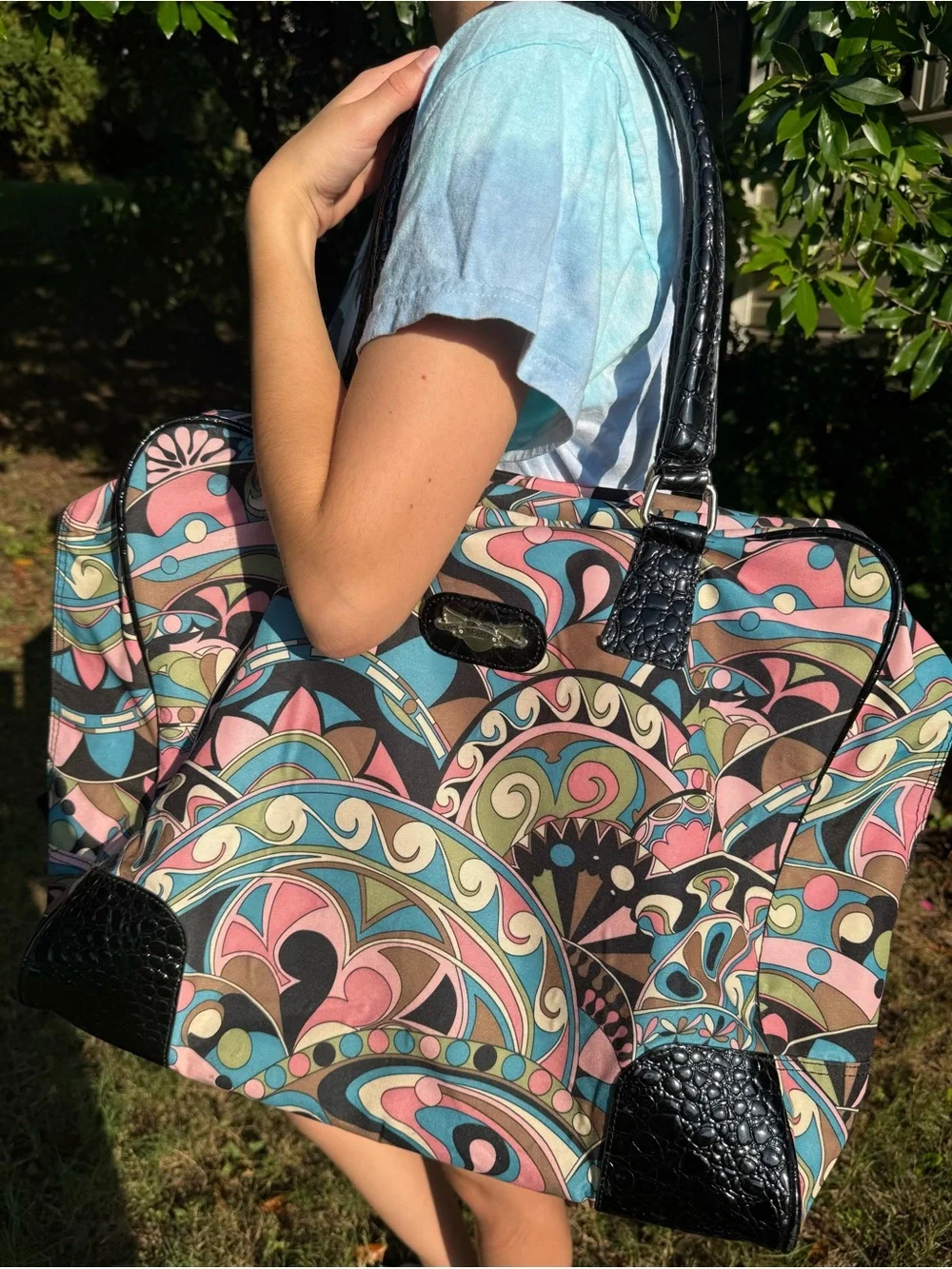 Kathy Van Zeeland Pink, Blue & Black Patterned Tote